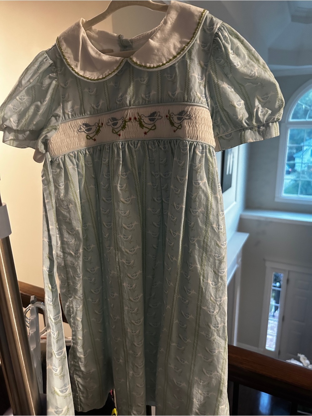 Light Blue Smocked Girls' Formal Dress with Bird Embroidery